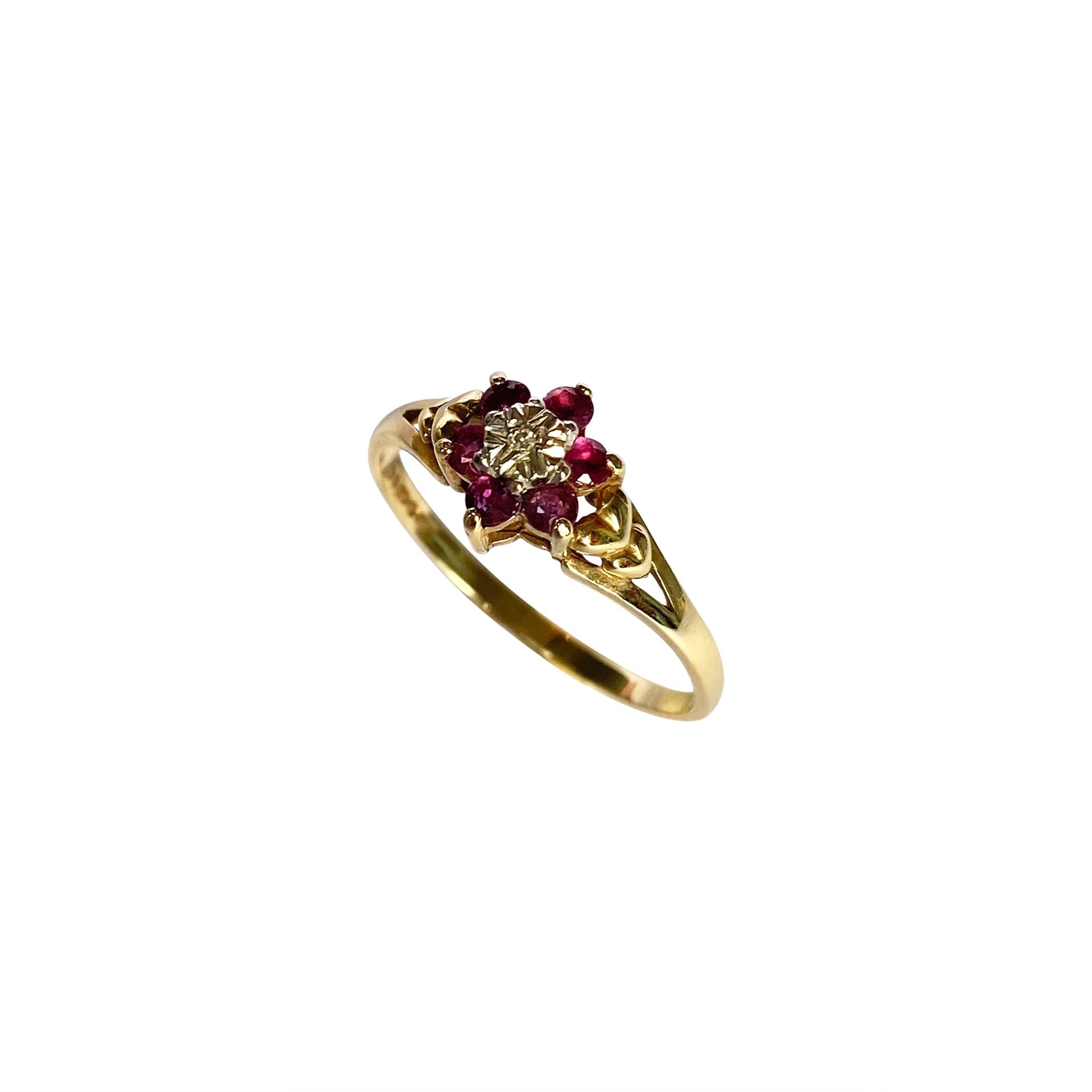 9ct Gold Flower Ruby & Diamond Hearts Ring